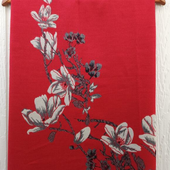 Saachi Scarf Wrap Shawl Red Gray Floral Botanical Reversible Fringe Artsy 75x25 - Picture 12 of 16